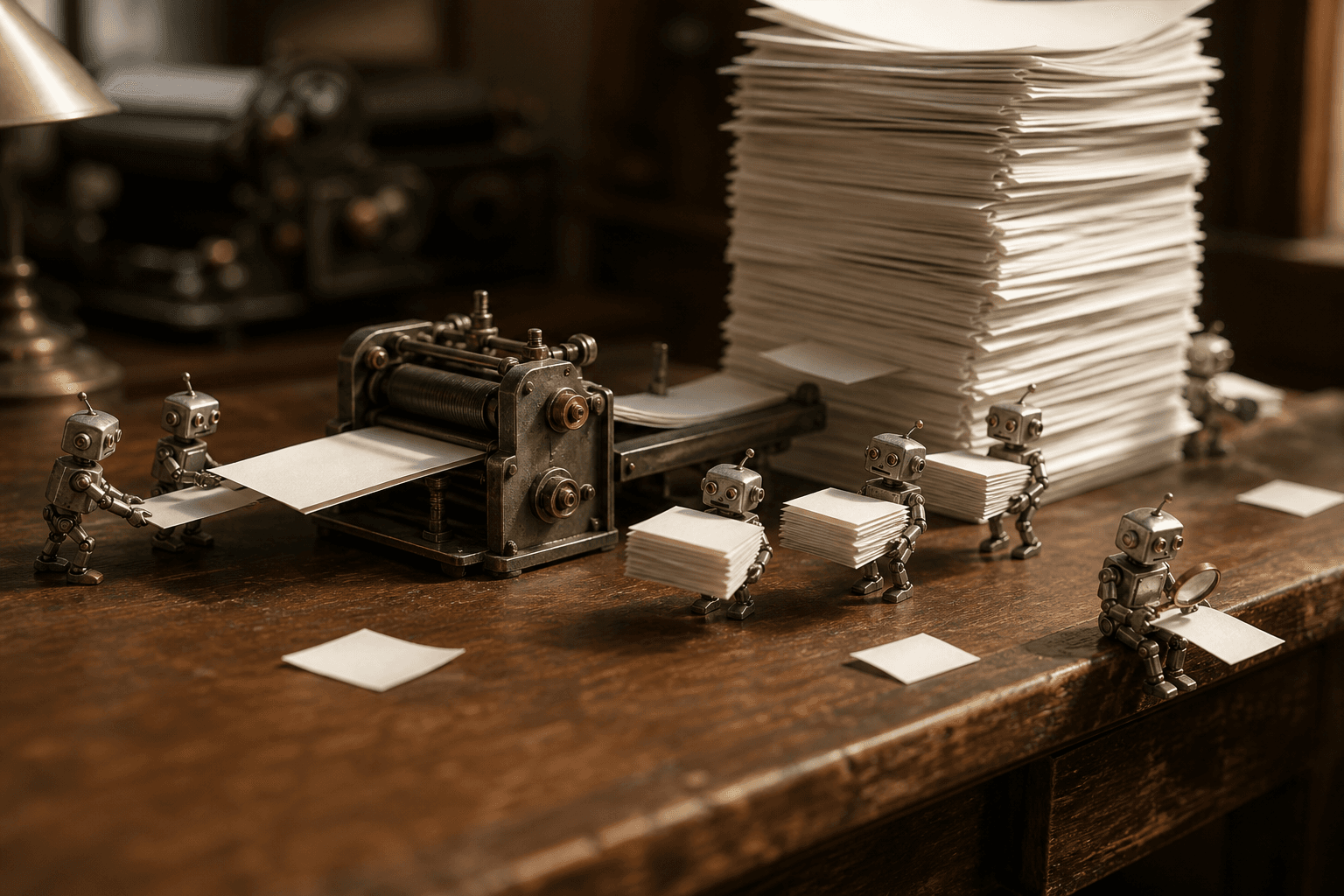 Tiny metal robots feed one sheet into a press that spits out a towering stack while another inspects a page