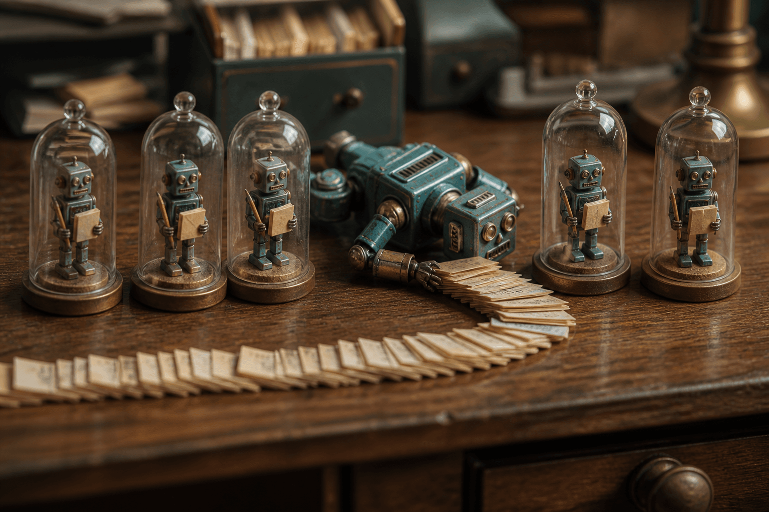 Five tiny tin robots isolated under glass jars, while a larger robot lies exhausted hauling paper files between them.