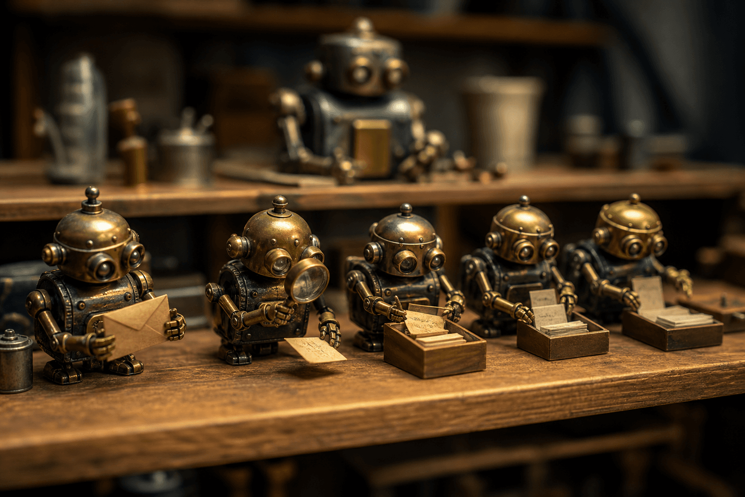 Row of tiny toy robots on a workbench, each doing a small task with envelopes and a magnifier, one larger robot behind.