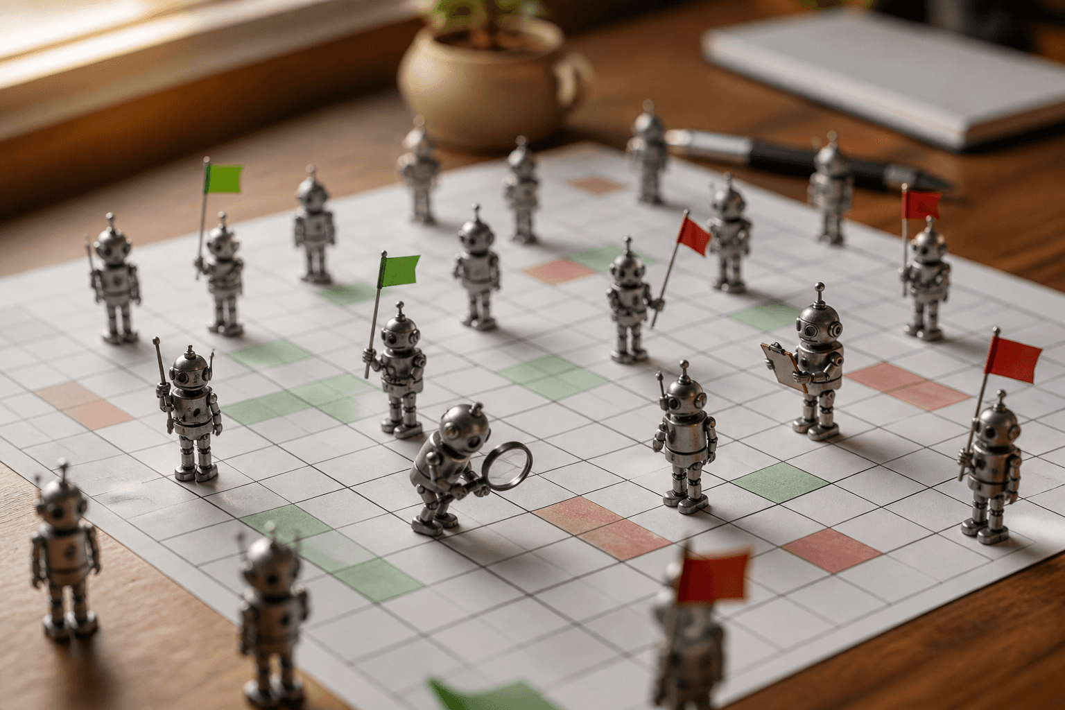Tiny metal robots standing in the cells of a giant paper grid, holding flags and a magnifying glass to inspect it.