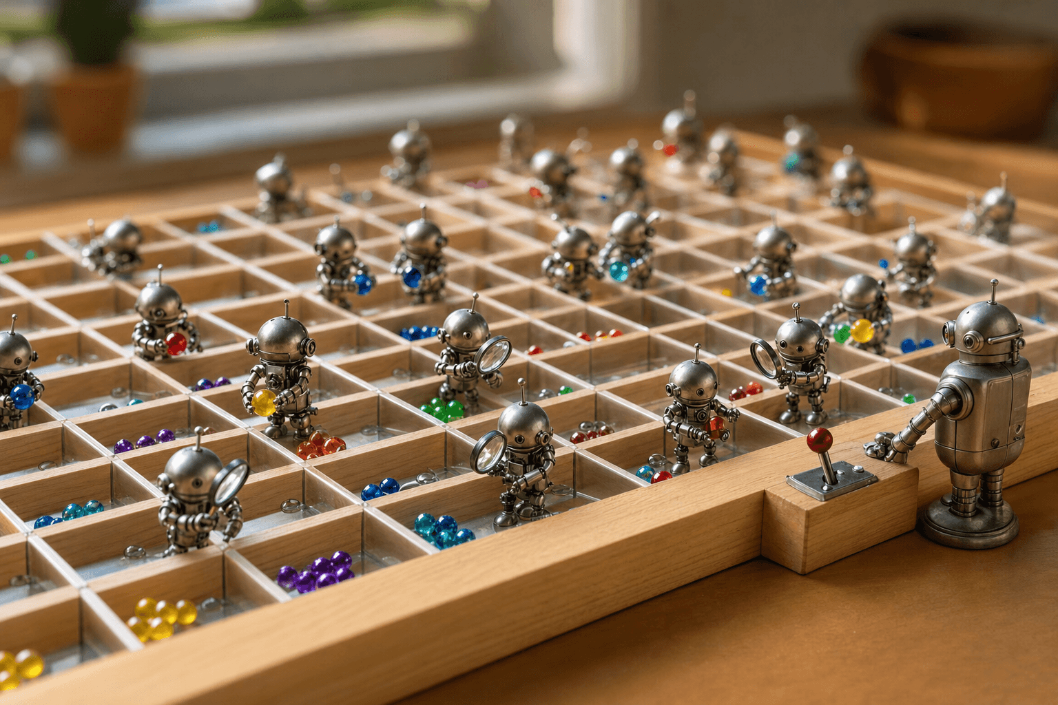 Tiny metallic robots placing colored beads into a physical wooden-and-acrylic grid on a desk, one robot at a small lever