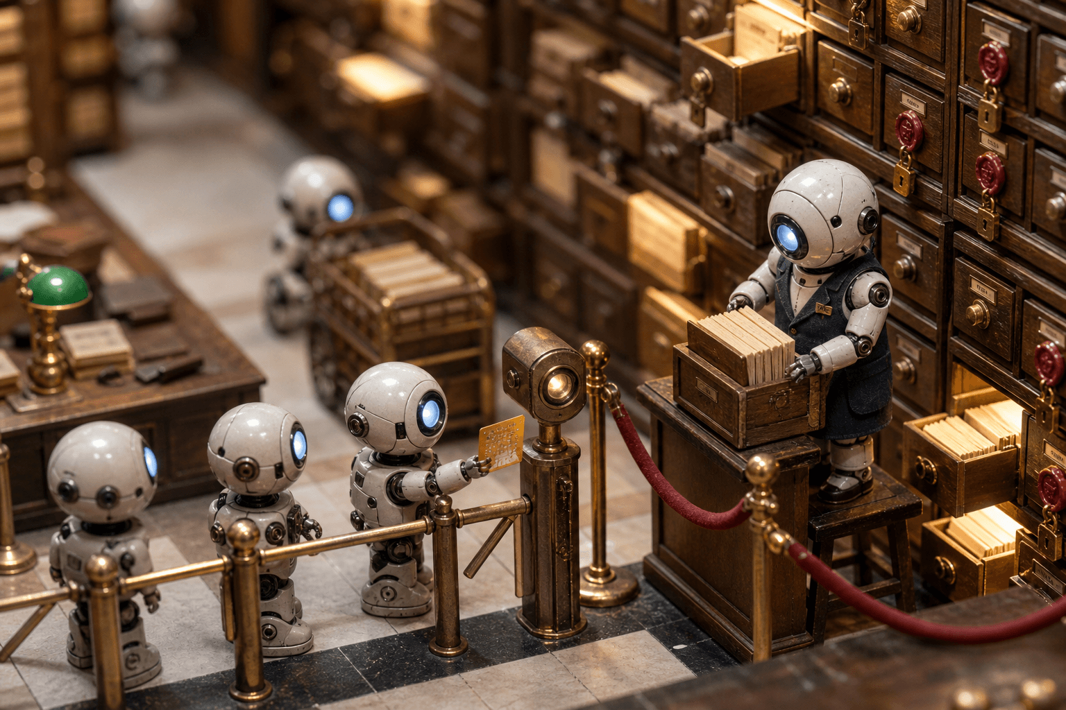 Tiny robots at a miniature library turnstile, one showing a key card while a robot librarian verifies access before open