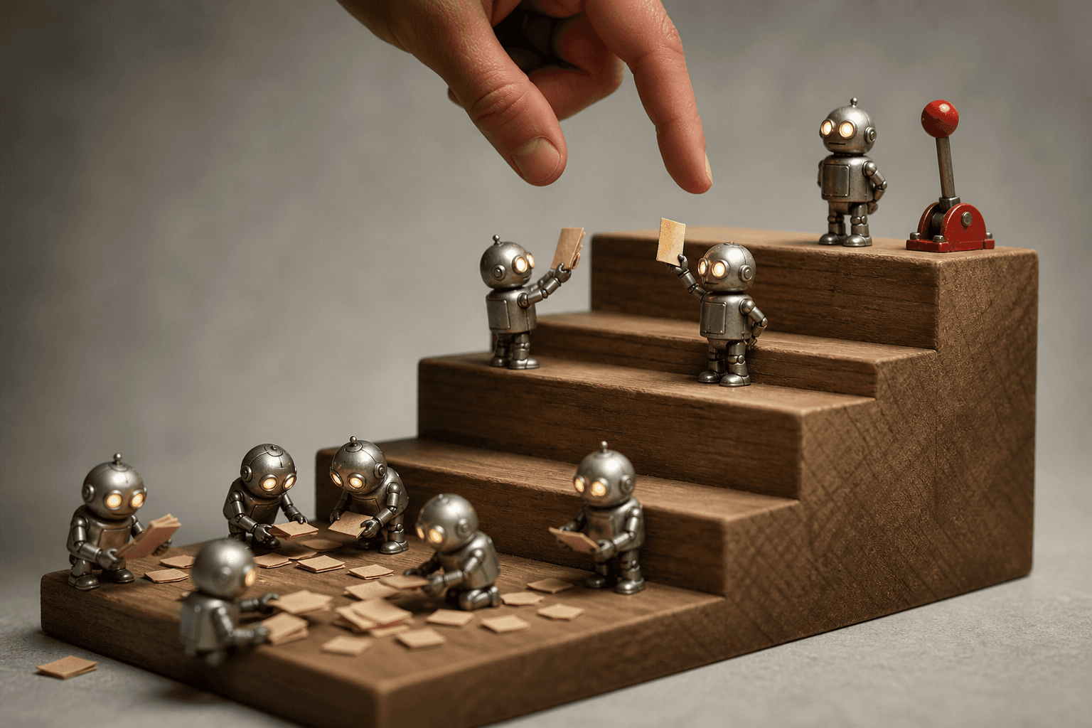 Tiny metal robots on a five-step wooden staircase, busy at the bottom, pausing mid-way, still beside a red lever at the