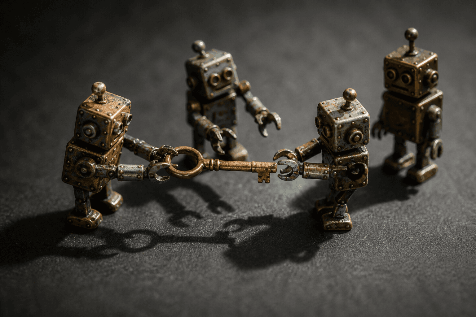Four tiny tin robots tugging and reaching for a single small brass key, long shadows overlapping