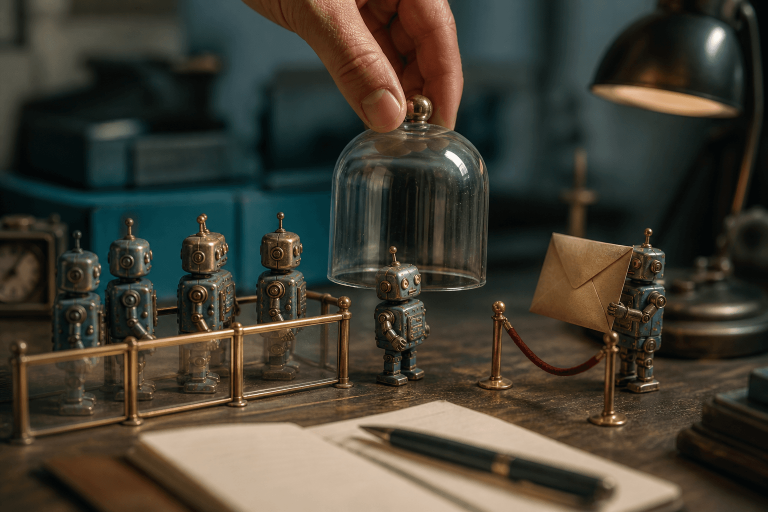 Tiny tin robots queued behind a miniature checkpoint while a hand lowers a glass dome over one that wandered past