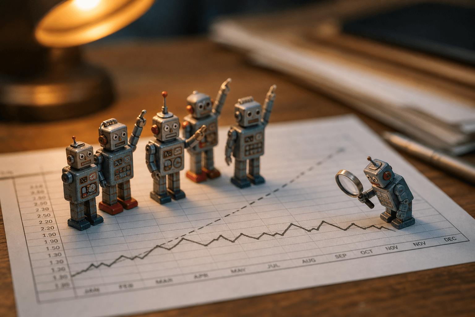 Tiny tin robots on a paper spreadsheet pointing up at an imaginary trend while the real data stays flat