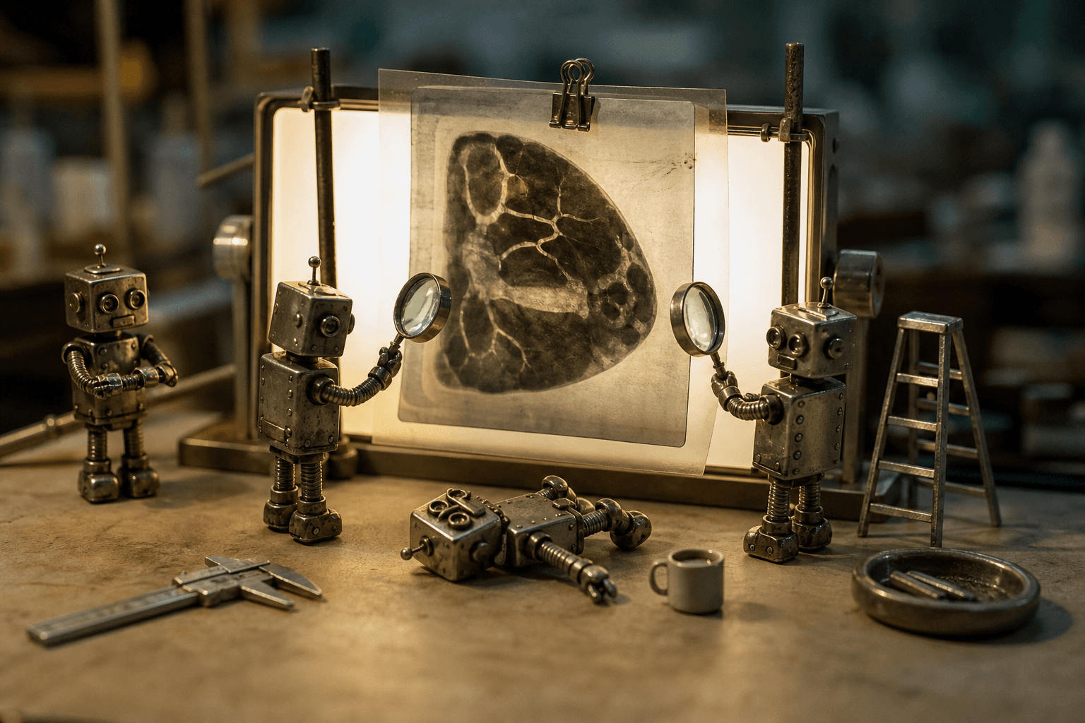 Tiny tin robots with magnifying glasses inspecting a glowing film on a lightbox, one robot looking skeptical