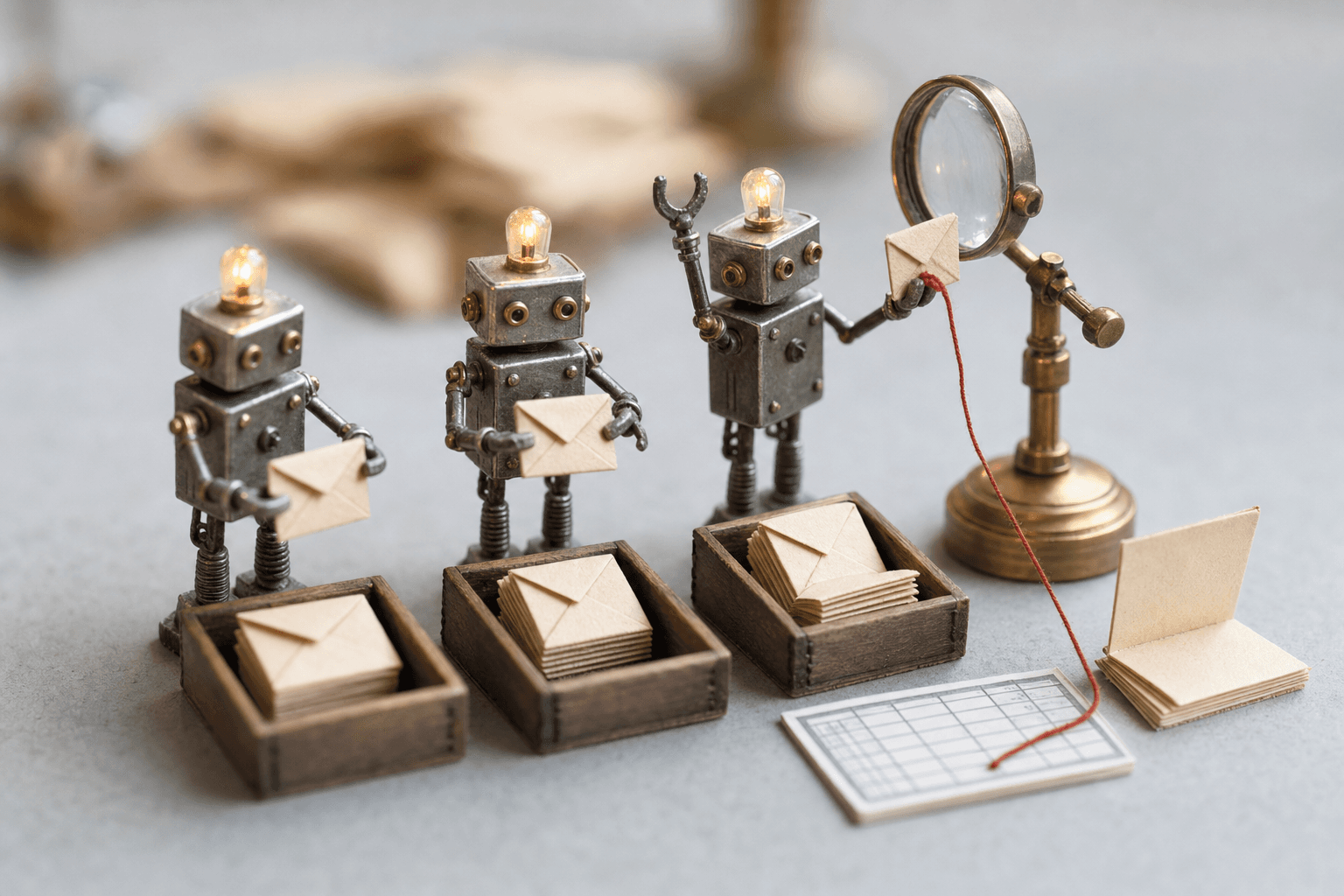 Tiny tin robots sorting miniature envelopes into trays; one pauses with a magnifier and red thread to a folder.