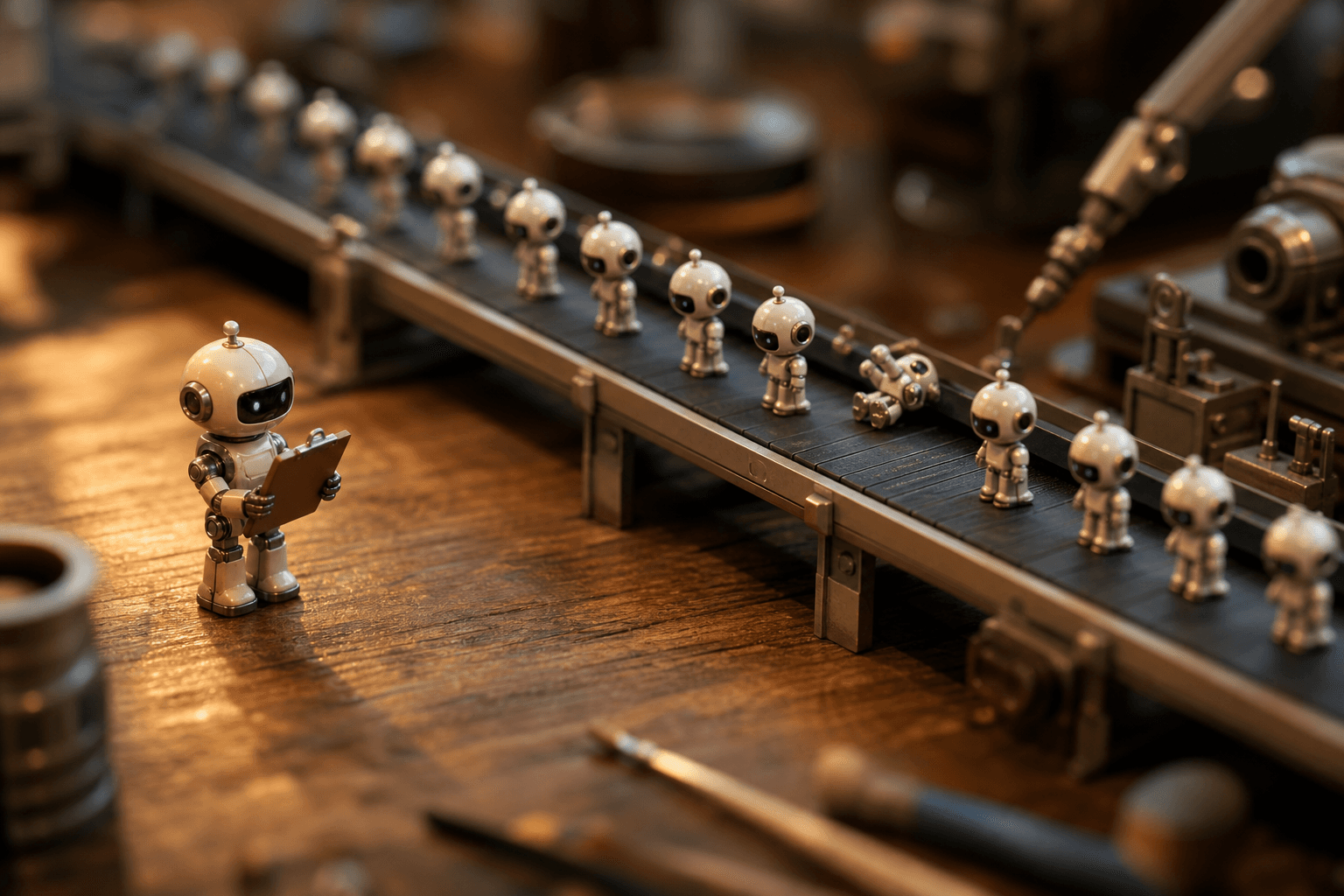 A tiny inspector robot checking a line of small robots on a conveyor belt, some quietly toppled over