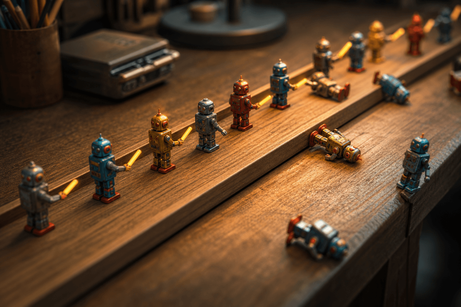 Tiny tin toy robots passing a glowing baton along a track, with some drifting off course or fallen over.