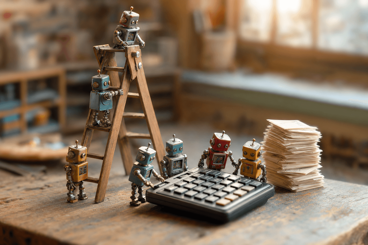 Tiny toy robots climbing a small stepladder while others gather around a calculator and miniature paper invoices.