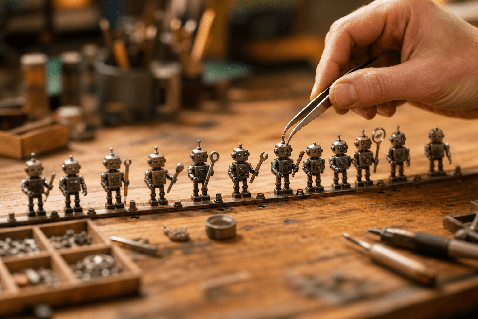 Tiny toy robots in an assembly line holding small tools while a human hand inspects one with tweezers.