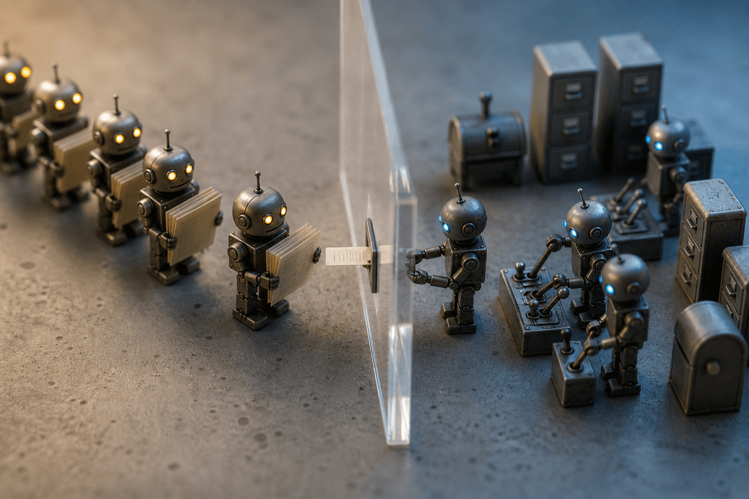 Tiny robots holding documents behind a clear acrylic wall, passing one card through a slot to robots at controls