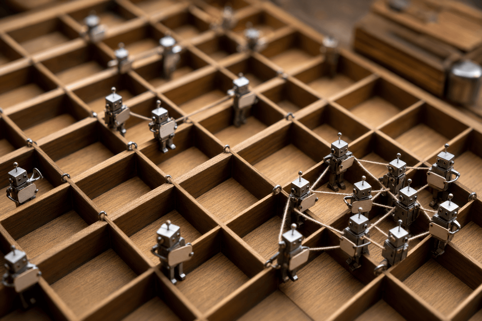 Tiny metal robots standing in wooden spreadsheet cells, some lost and isolated, others neatly linked together with strin