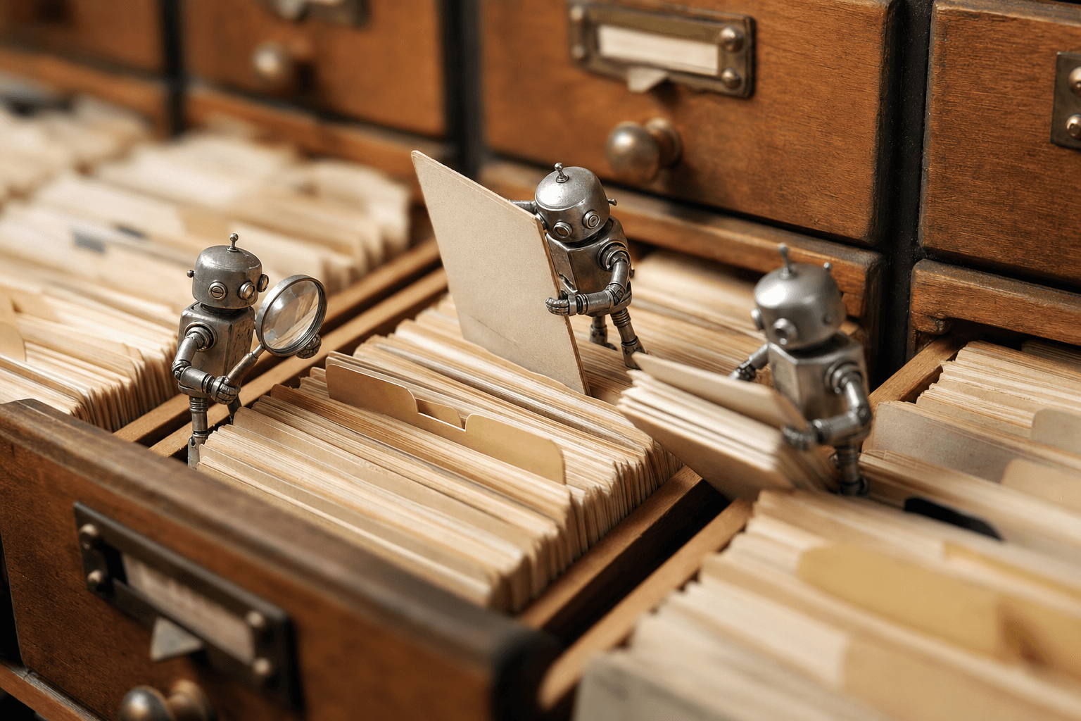 Tiny metal robots pulling and sorting index cards from an oversized library card catalog drawer.