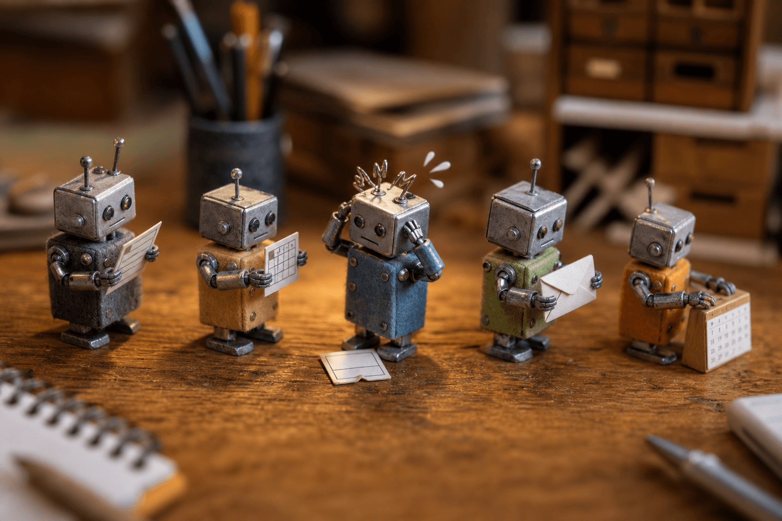 Tiny robots on a desk pass a paper document down an assembly line while one in the middle fumbles its part.