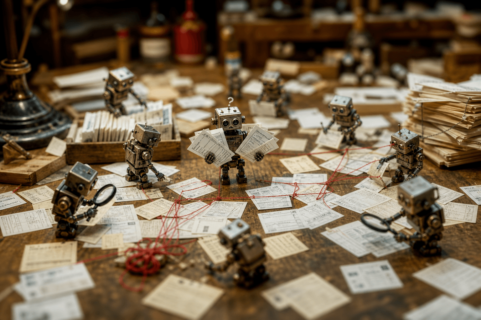 Tiny robots searching through scattered papers on a cluttered workshop table, depicting retrieval chaos