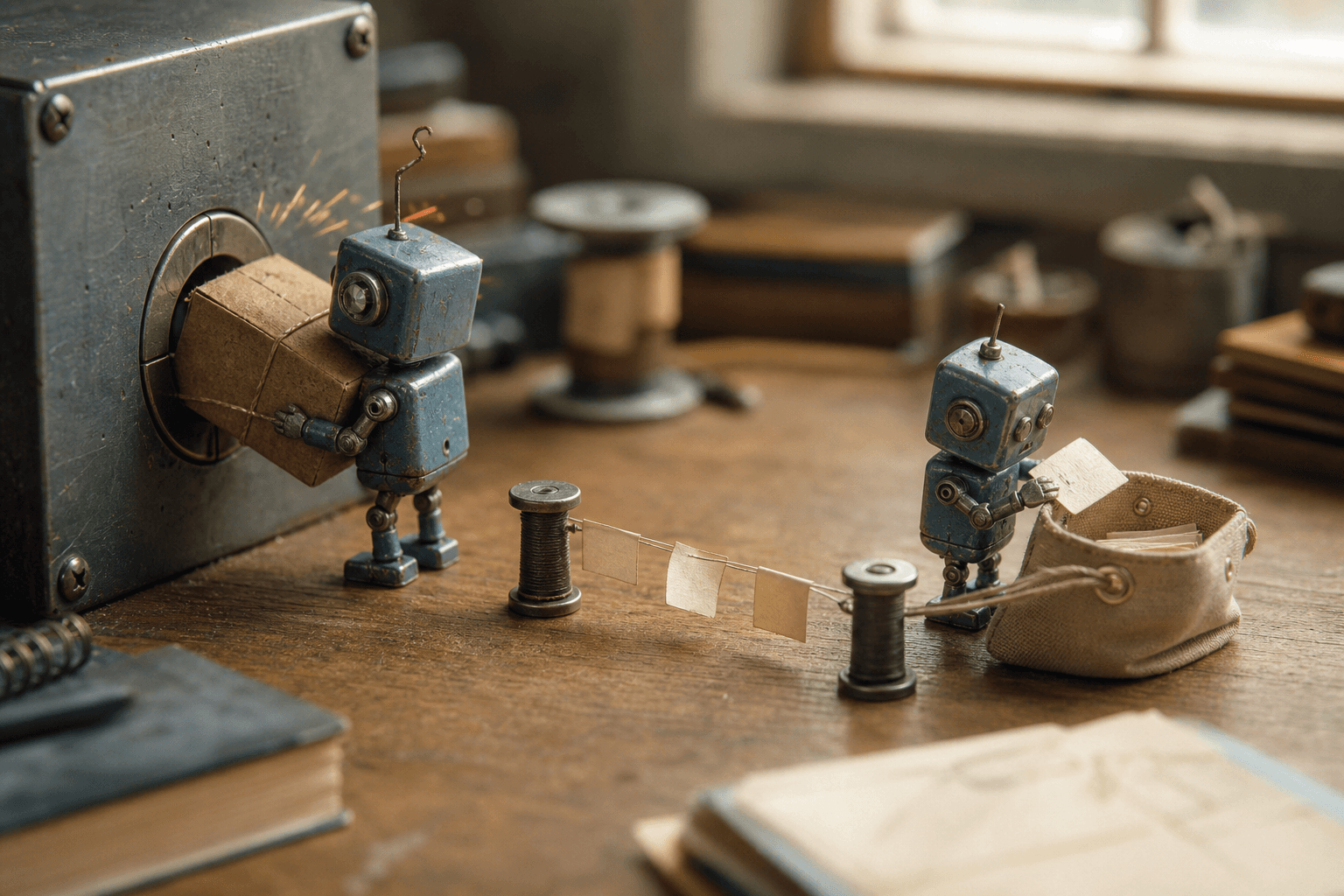 Tiny tin robot jams a square parcel into a round metal slot while another drops a note into a mail pouch
