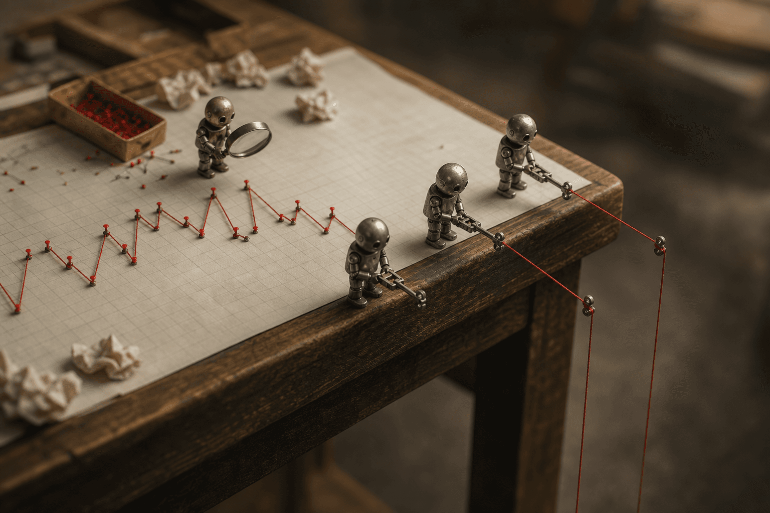 Tiny robots on graph paper extending a red thread trend line off the desk edge into empty air