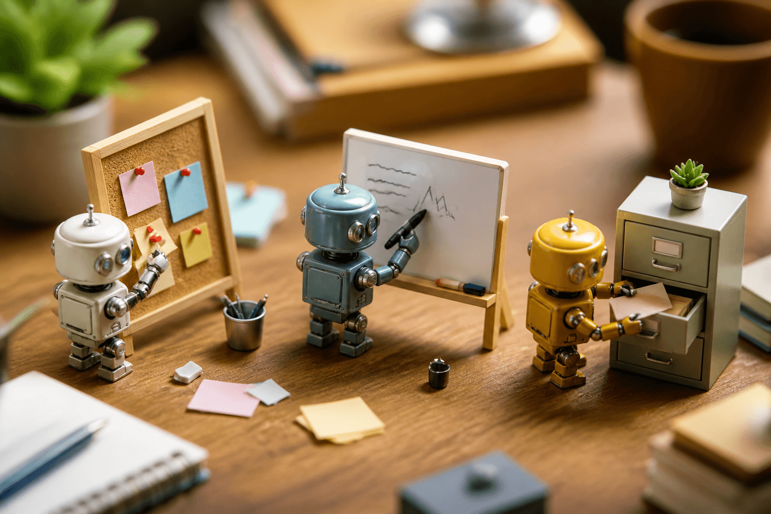 Three tiny robots on a desk: one pinning cards to a corkboard, one writing on a whiteboard, one pulling a card from a fi