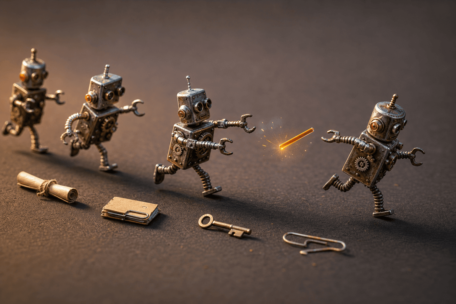 Tiny tin robots in a relay line; one fumbles a glowing baton mid-air while small items lie dropped behind them.