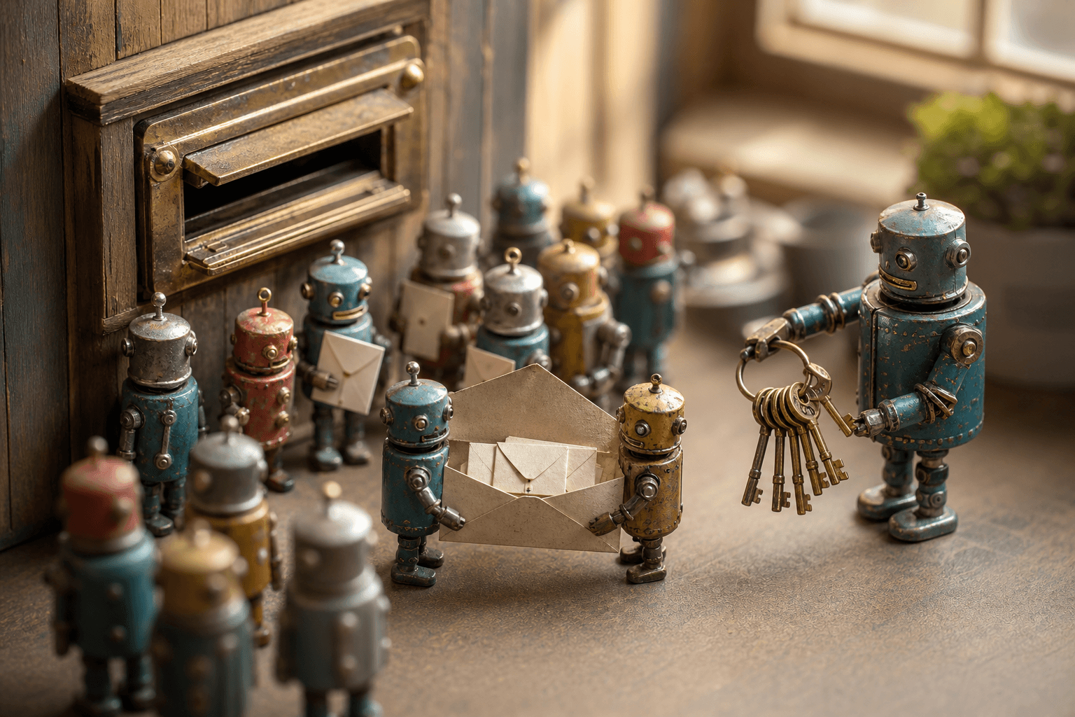 Tiny tin robots queue at a miniature brass mail slot, unfolding nested paper envelopes while one holds keys.