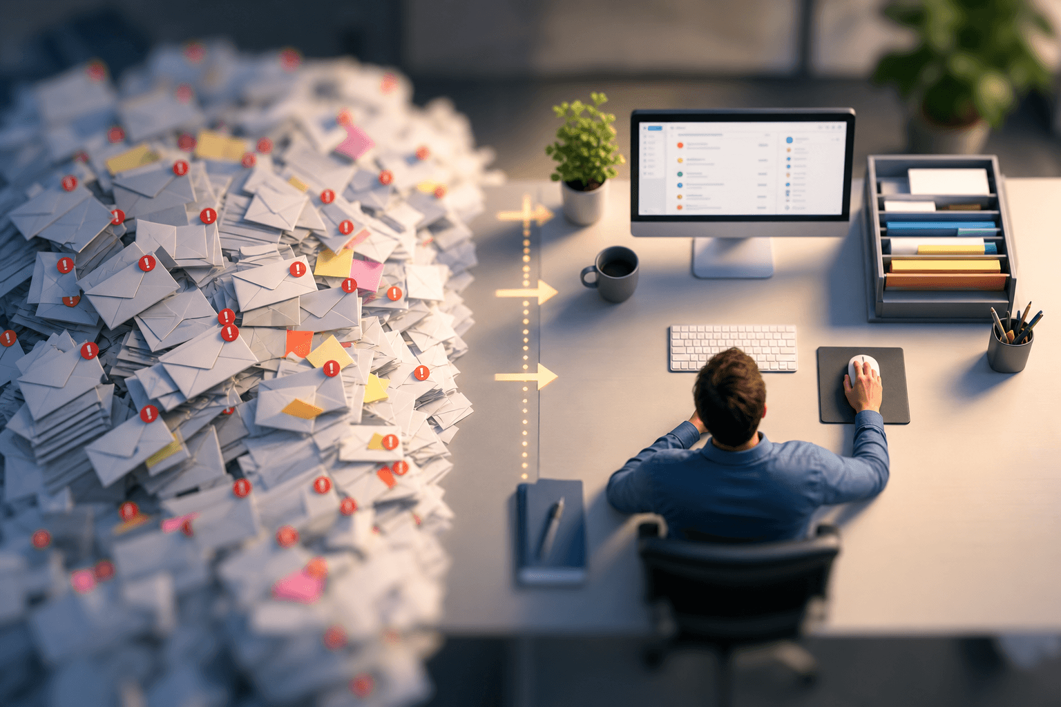 Email messages transforming into organized calendar blocks and task items