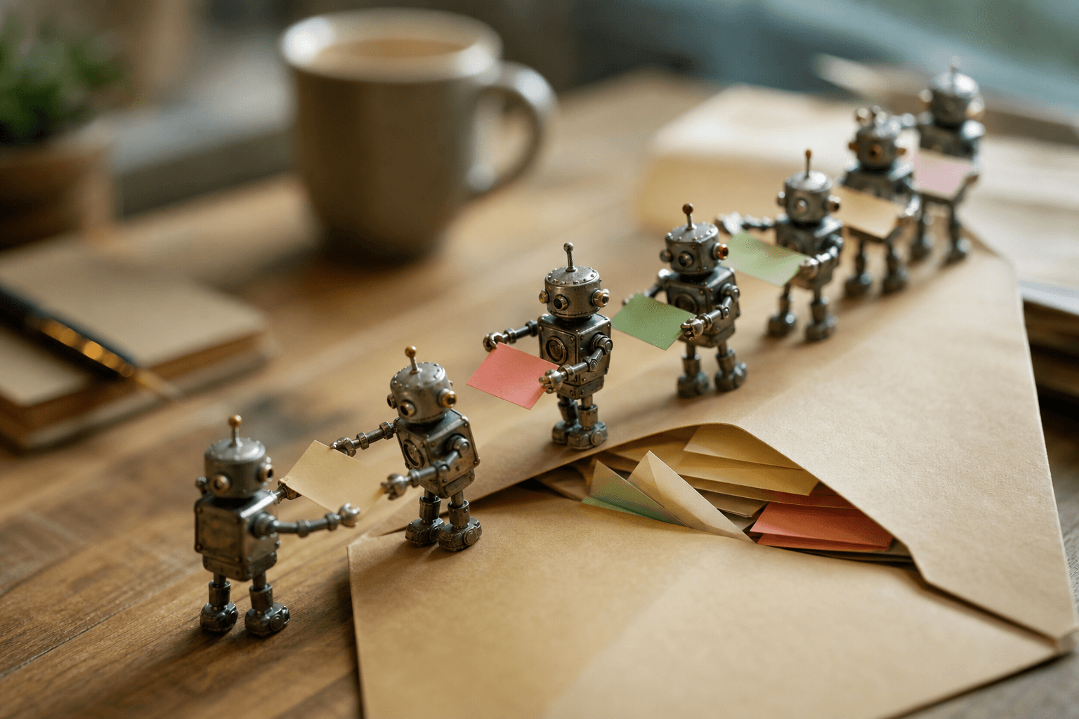 Tiny metal robots standing on an open envelope passing folded notes and colored tags down a chain on a warm desk.