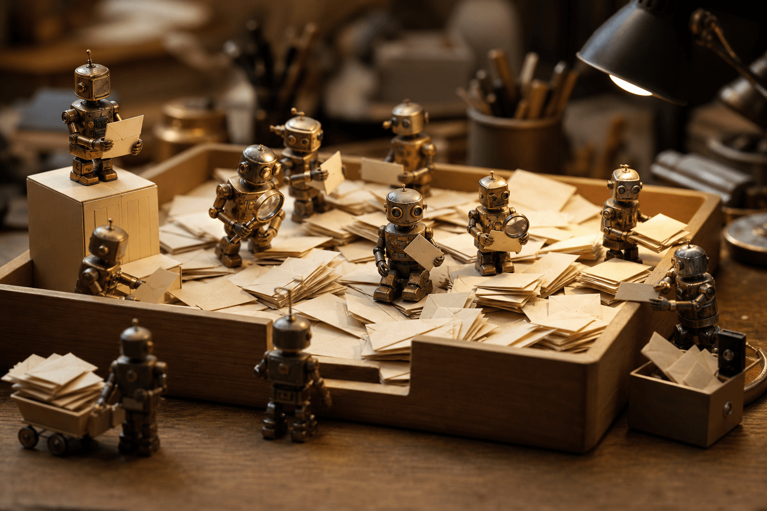 Tiny brass toy robots sorting miniature paper envelopes in a wooden inbox tray beside a small calendar block under a des