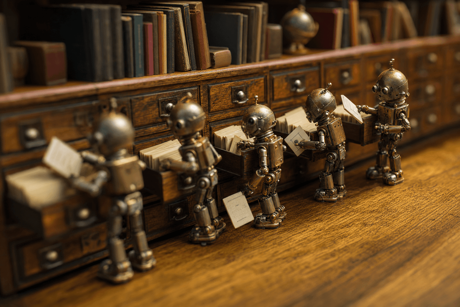 Tiny metal robots pulling cards from a miniature filing cabinet, most grabbing wrong ones, one picking correctly.