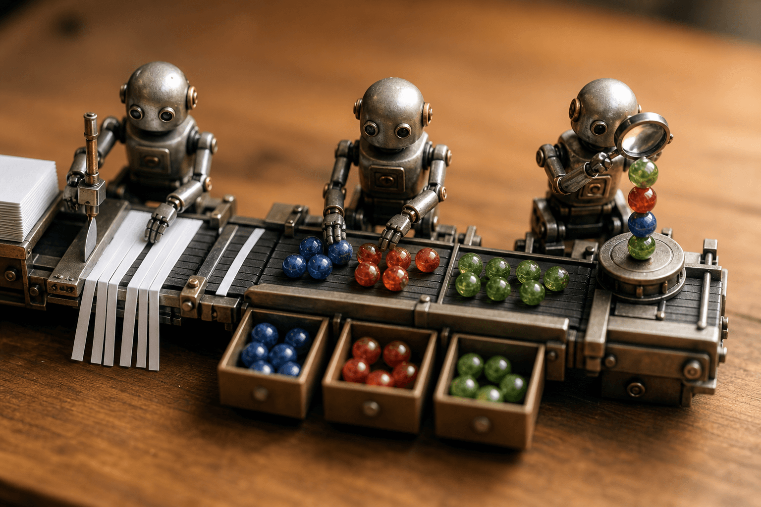 Three tiny robots on a desk: one slicing paper strips, one sorting marbles into bins, one stacking a small tower.