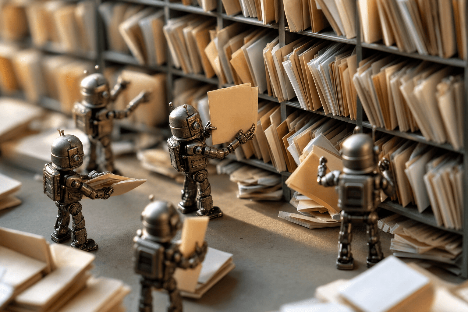 Tiny robots sorting paper folders in filing slots, some grabbing wrong ones while one holds the correct folder