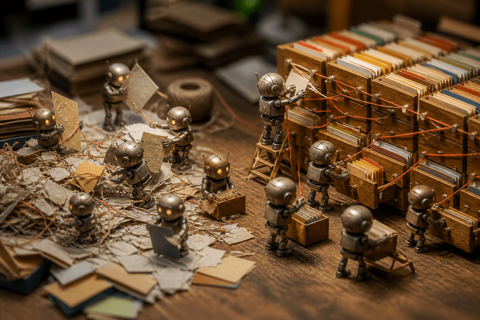 Tiny robots on a desk turning a messy heap of papers into a neat, thread-linked card catalog