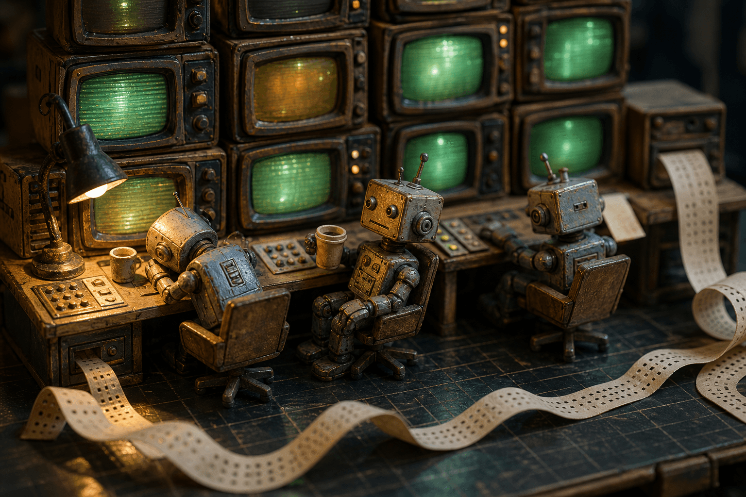 Miniature tin robots asleep at a desk before a wall of tiny glowing monitors, punch tape spilling on the floor