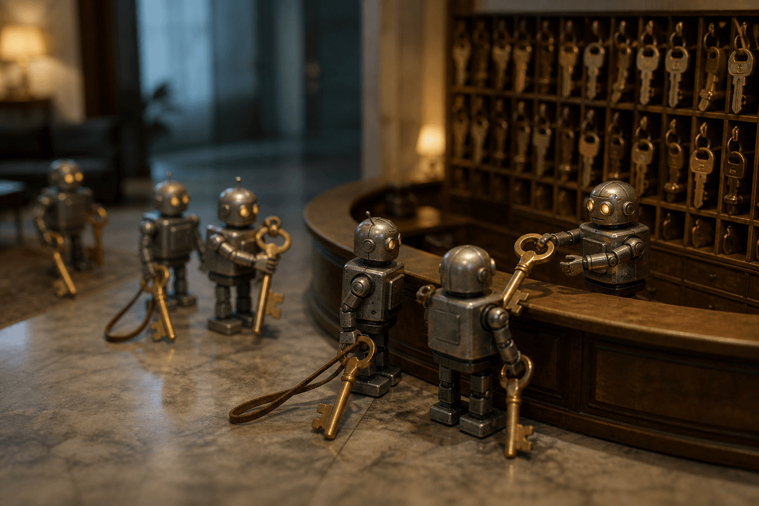 Tiny metal robots at a coat-check counter receiving oversized brass keys from a wall of hundreds of key hooks