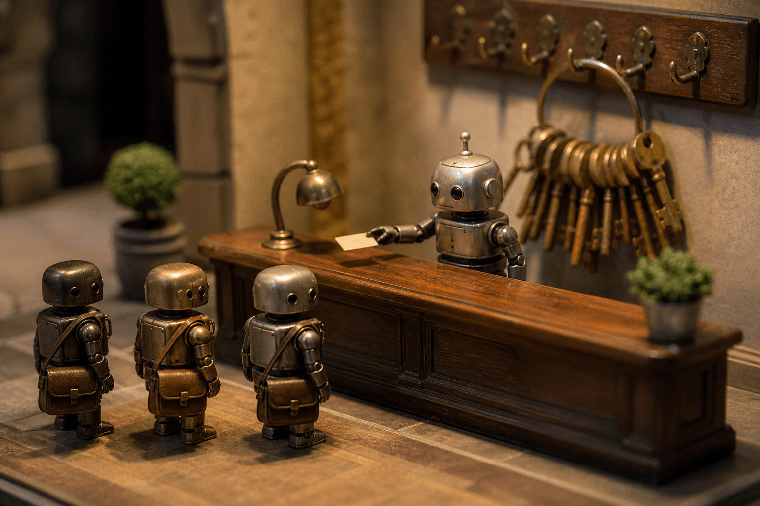 Tiny robot concierge at a miniature hotel desk hands small keycards to waiting robots, master keys kept out of reach