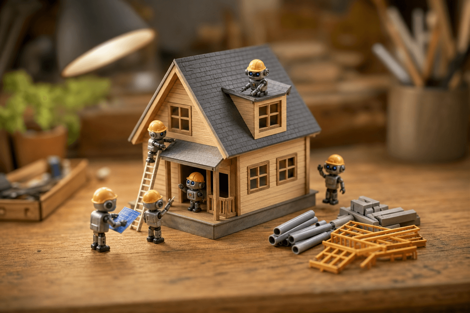 Tiny toy robots build a model house but leave the foundation, pipes, and railings unassembled in a pile nearby.