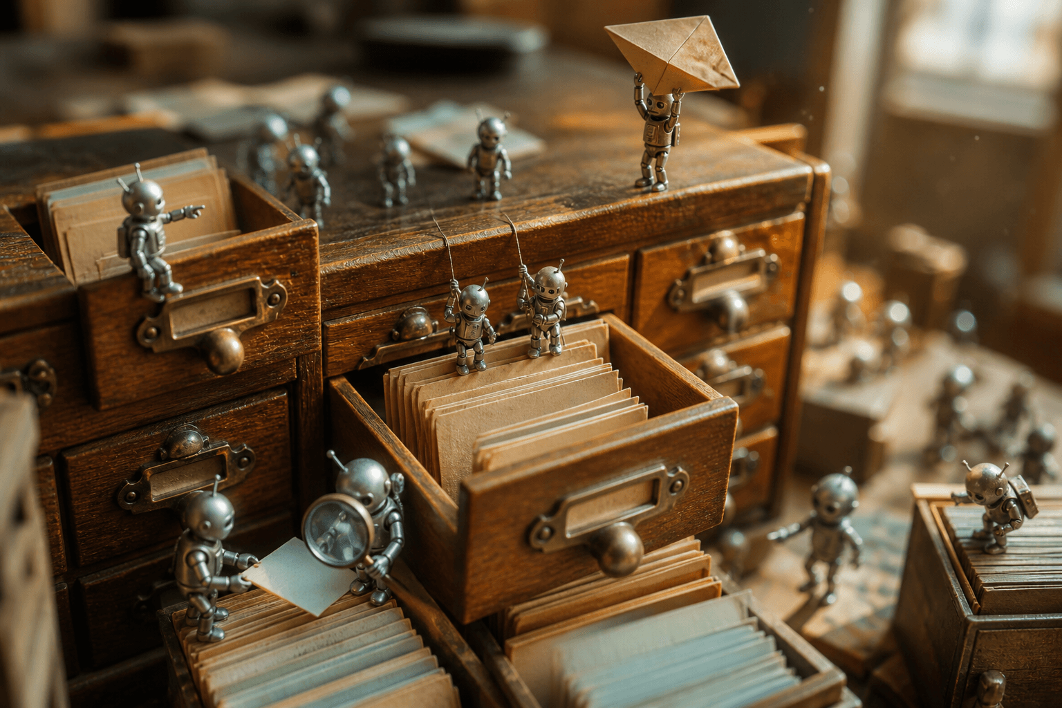 Tiny metal robots swarming an open wooden card catalog, sorting index cards and carrying a paper envelope