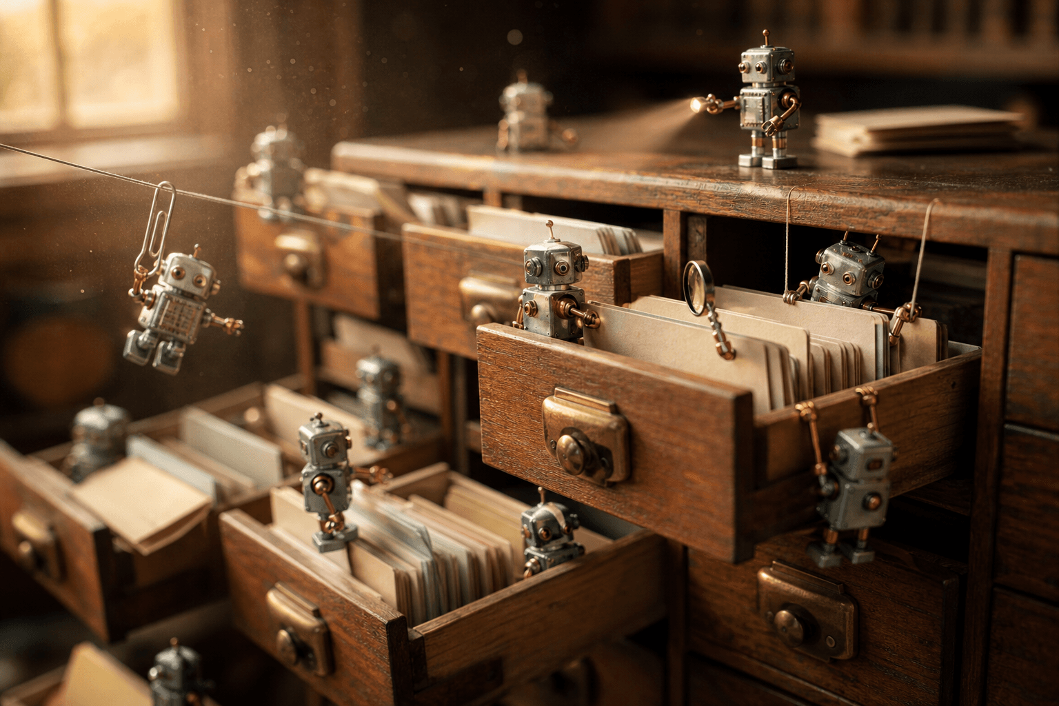Tiny tin robots searching the open drawers of a wooden card catalog stuffed with envelopes and cards.