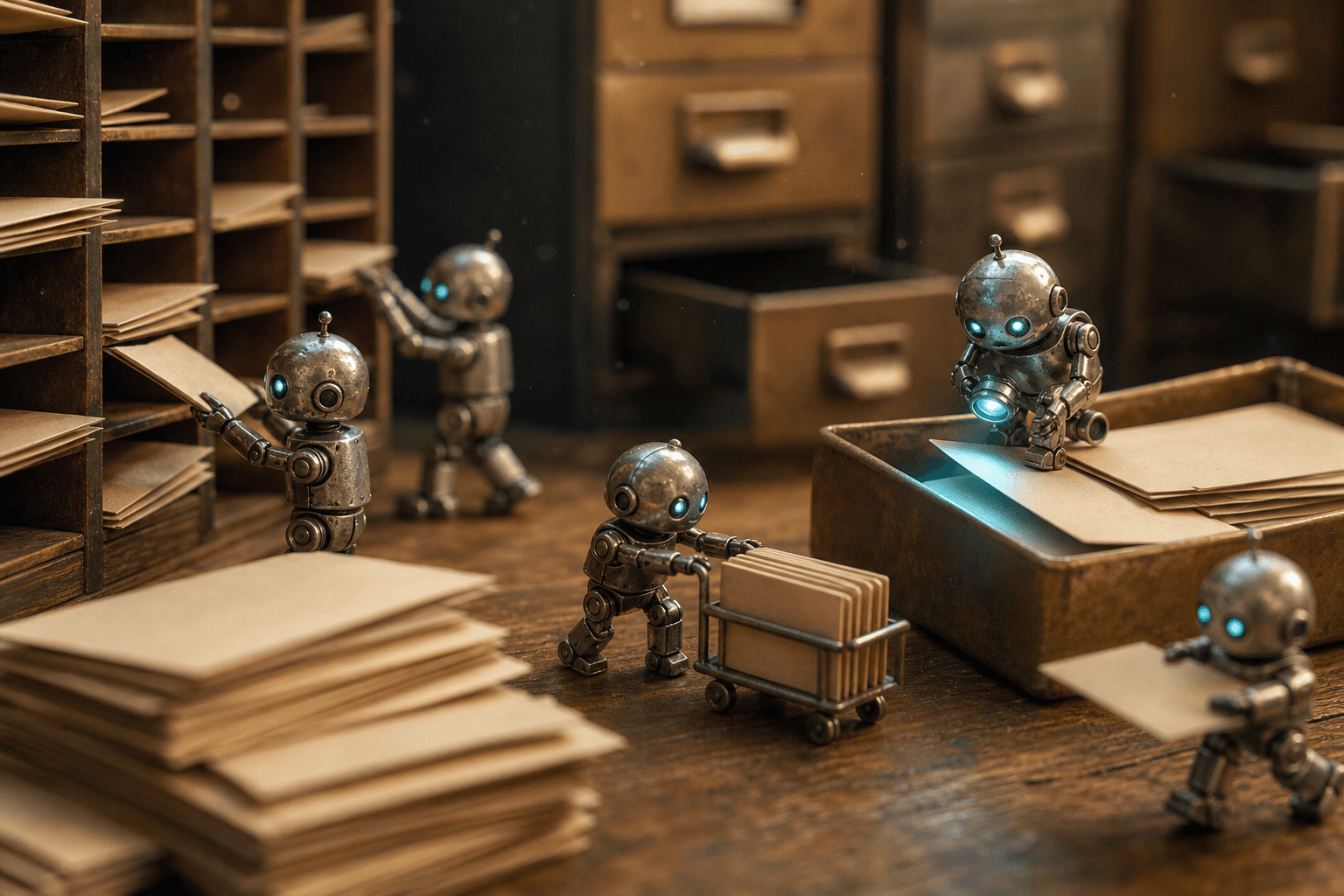 Tiny metal robots sorting oversized blank envelopes and folders in a miniature vintage mail room