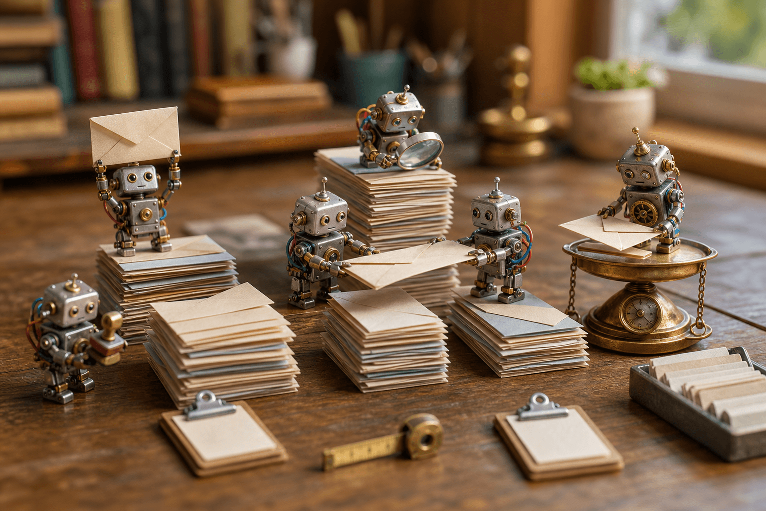 Tiny brass-and-wire robots sorting blank paper envelopes into neat stacks on a sunlit wooden desk