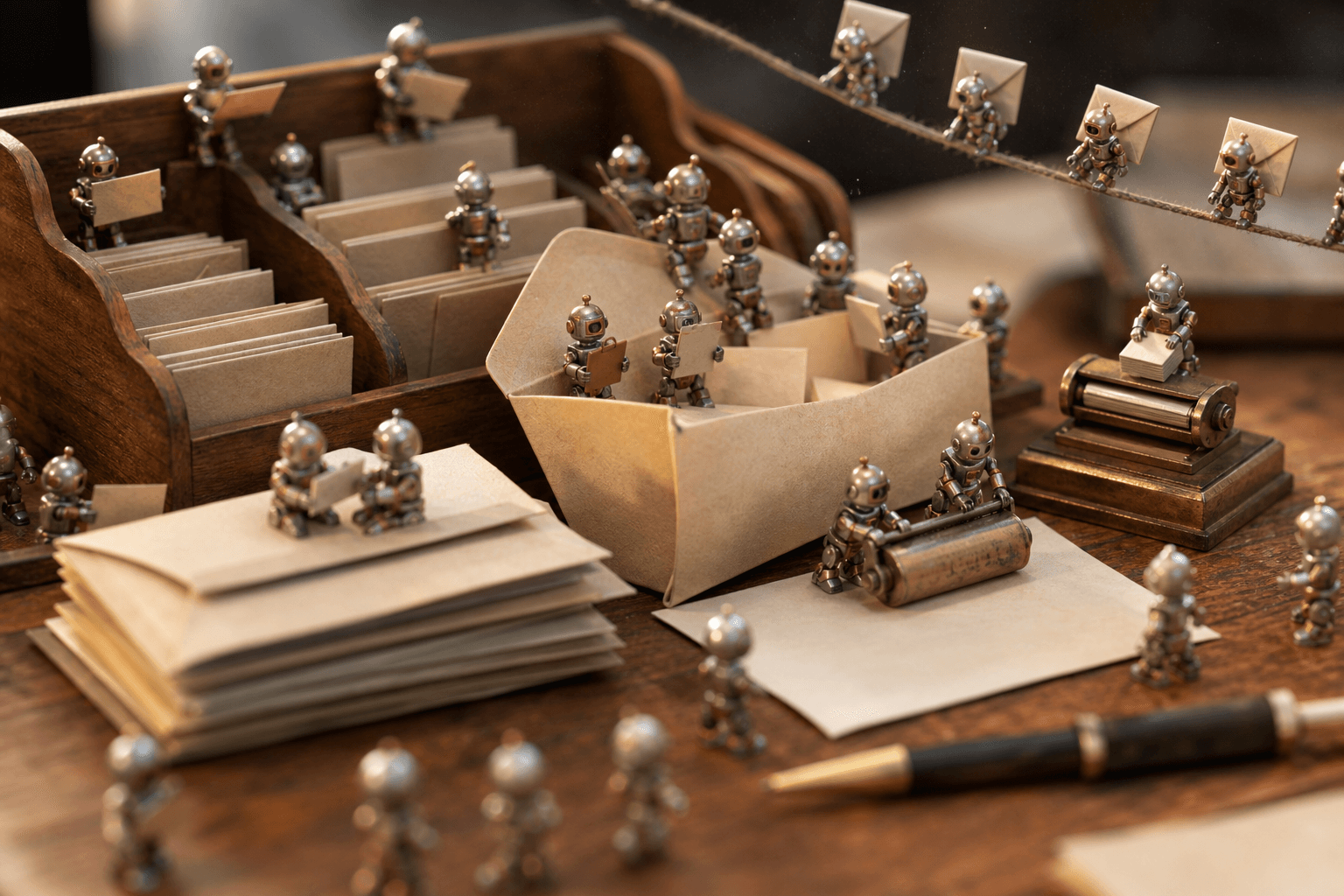 Tiny copper robots sorting envelopes into a wooden desk organizer, one turning pages of a brass calendar block