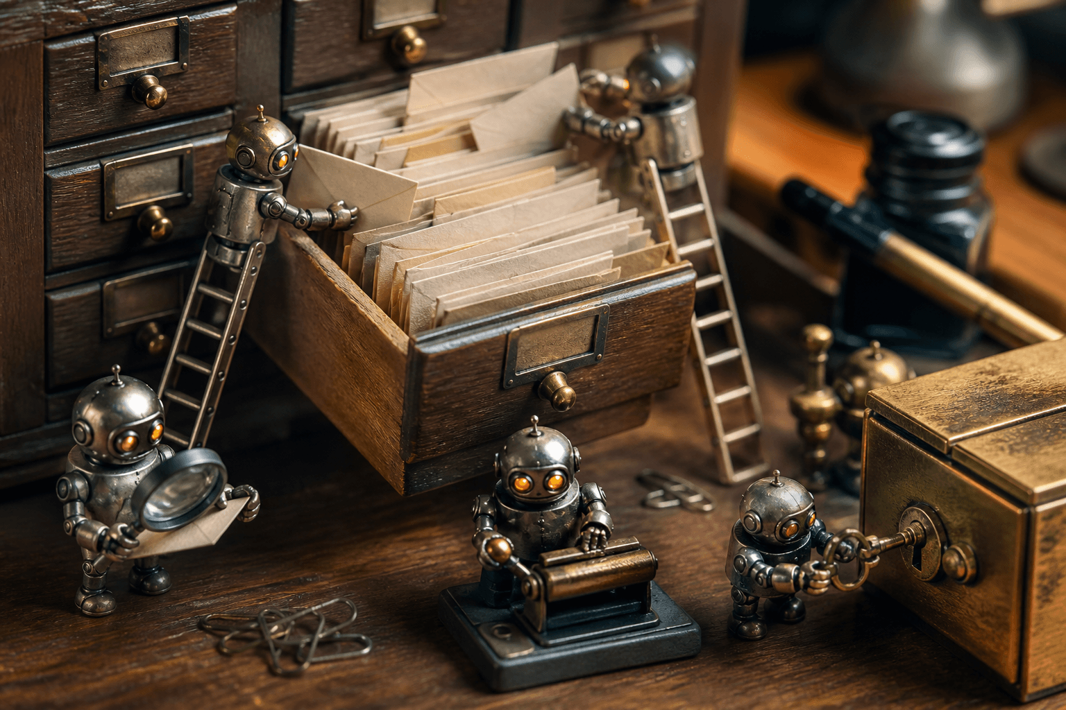 Tiny metal robots filing folded letters into a wooden card-catalog drawer, one guarding a locked drawer