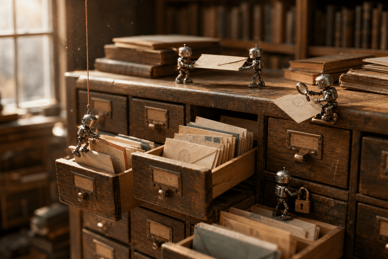 Tiny metal robots sorting envelopes in the open drawers of a wooden card catalog cabinet, one guarding a padlock