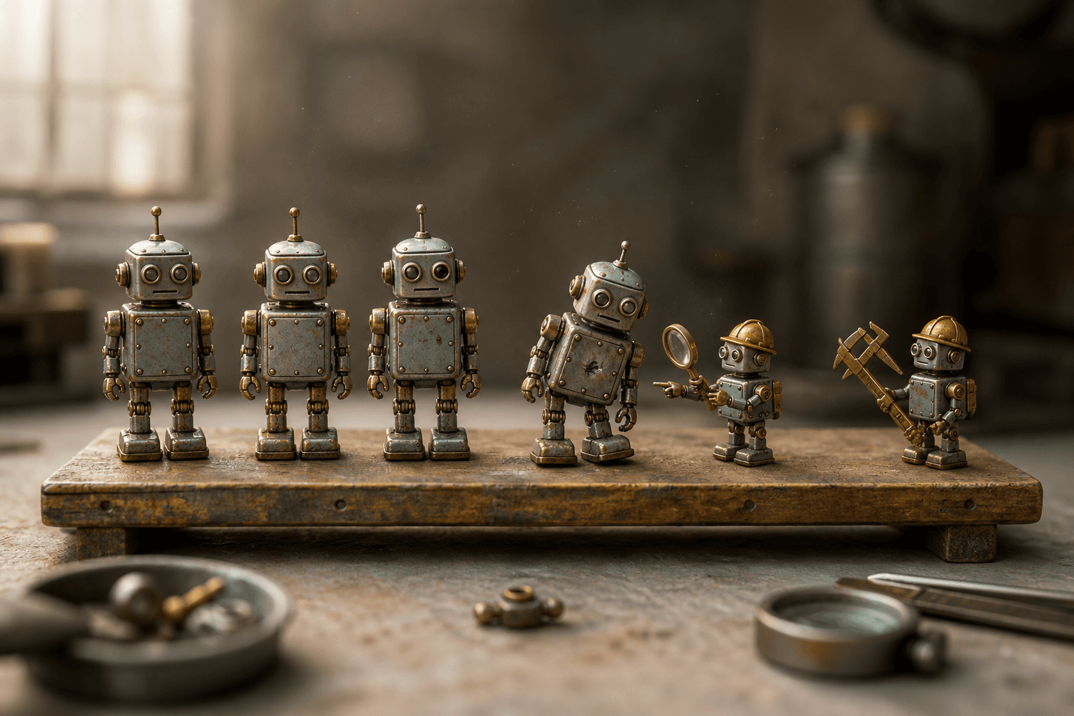 Tiny tin robots on a wooden bench inspected by smaller robot inspectors with calipers; one robot is dented and slumped