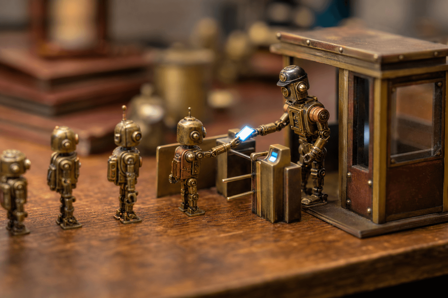 Tiny toy robots at a miniature checkpoint, one handing a glowing keycard to a guard robot at a small turnstile