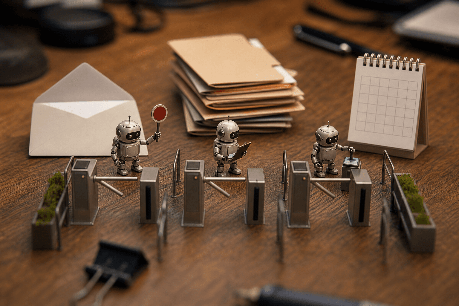 Tiny robots guarding miniature turnstile gates to an envelope, paper folders, and a small calendar on a desk